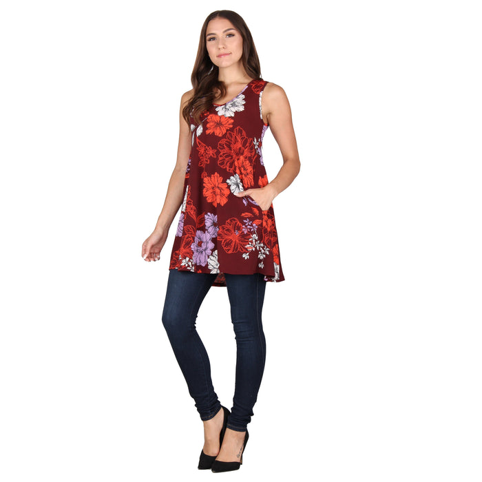 Printed V-Neck Sleeveless Pocket Tunic