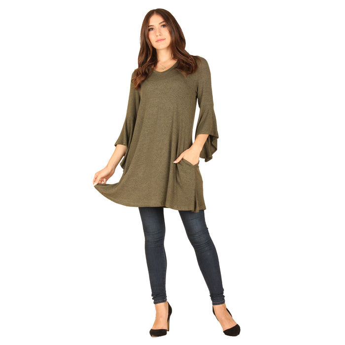 Solid V-Neck  ¾ Bell Sleeve Tunic