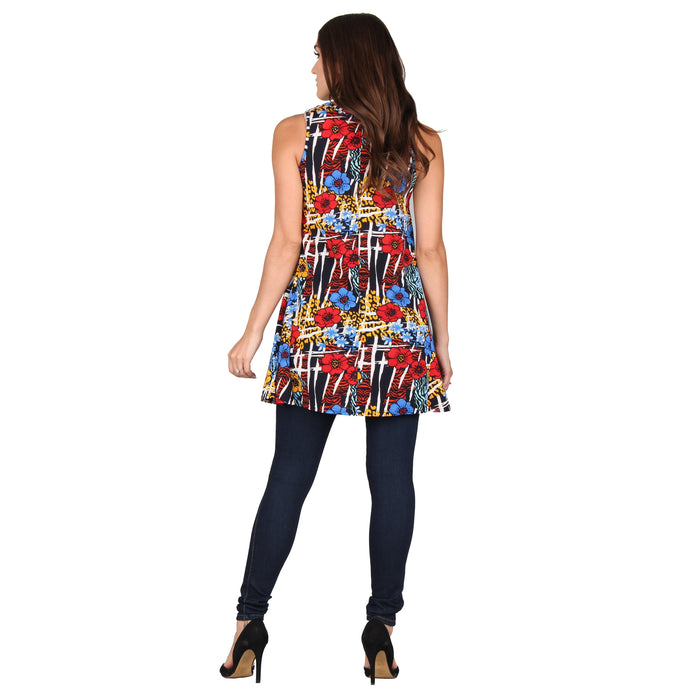 Printed V-Neck Sleeveless Pocket Tunic
