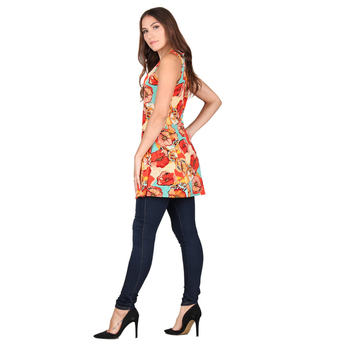 Printed V-Neck Sleeveless Pocket Tunic