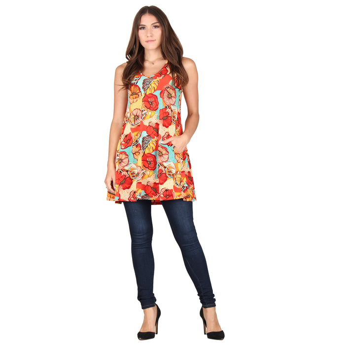 Plus Size Printed V-Neck Sleeveless Pocket Tunic