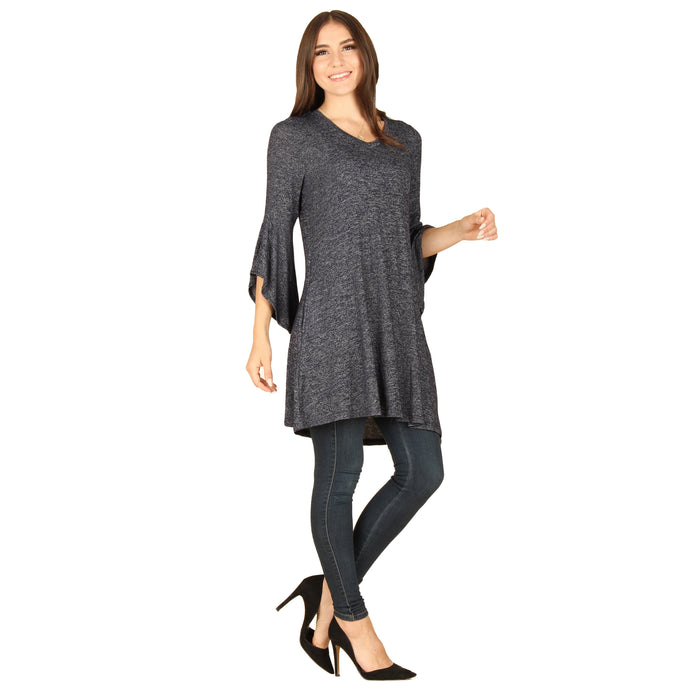 Solid V-Neck  ¾ Bell Sleeve Tunic
