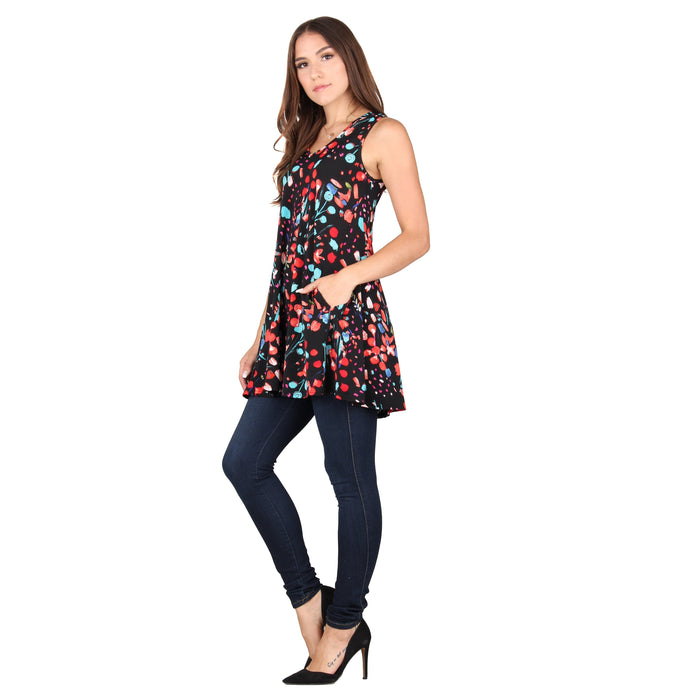 Printed V-Neck Sleeveless Pocket Tunic