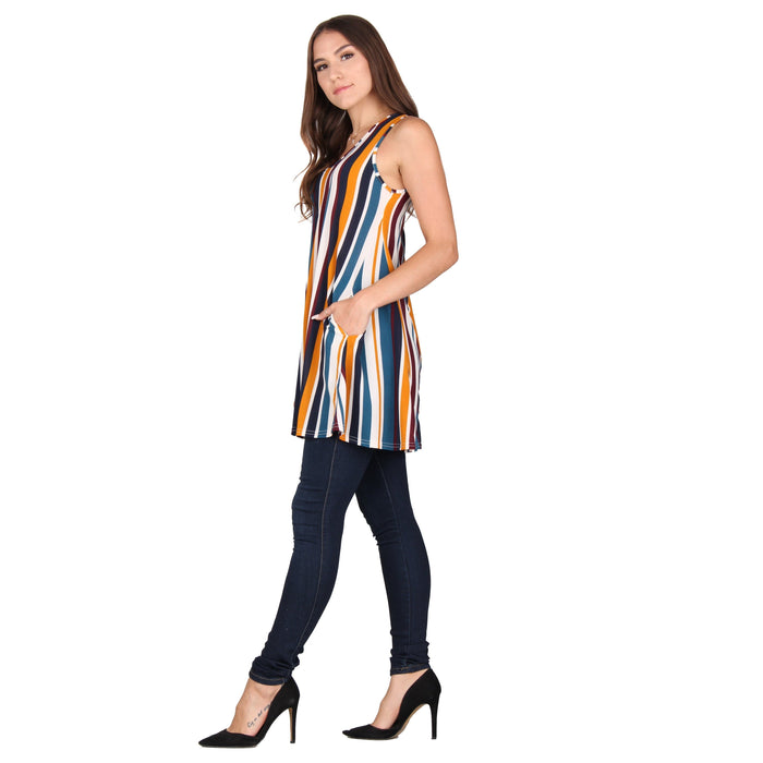 Printed V-Neck Sleeveless Pocket Tunic