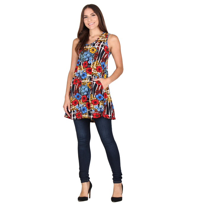 Printed V-Neck Sleeveless Pocket Tunic