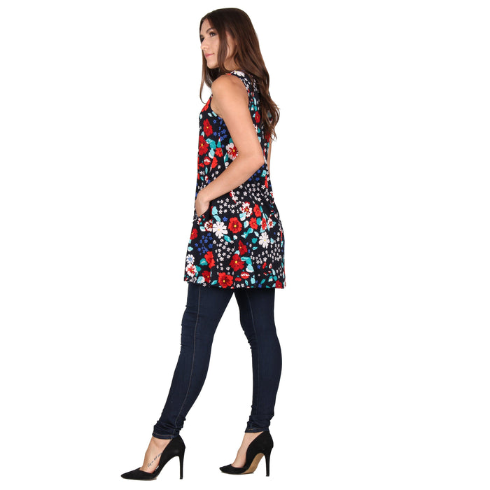 Printed V-Neck Sleeveless Pocket Tunic