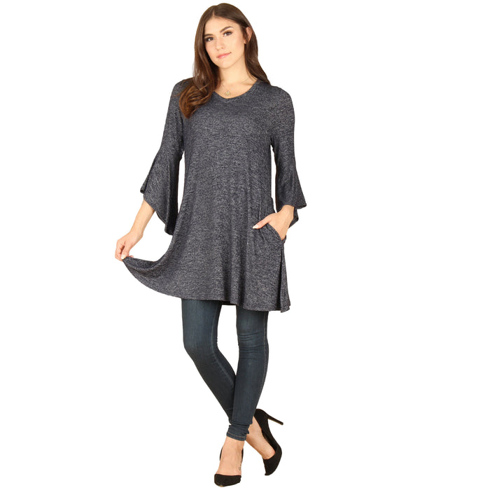 Solid V-Neck  ¾ Bell Sleeve Tunic