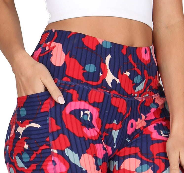 High-Rise Printed Ribbed Knit Leggings With Pockets