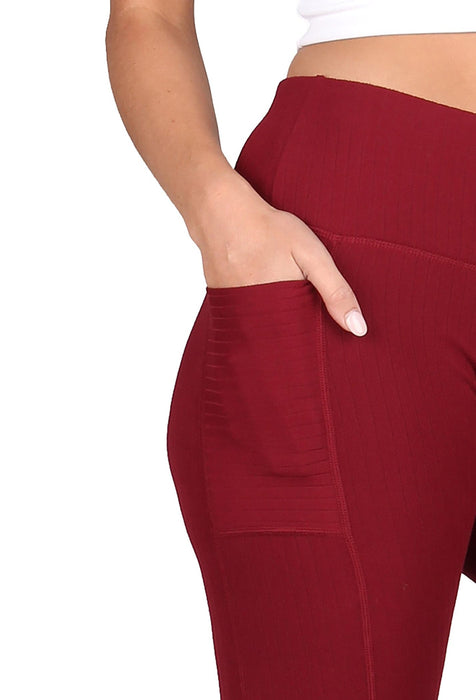 High-Rise Solid Ribbed Knit Leggings  With Pockets