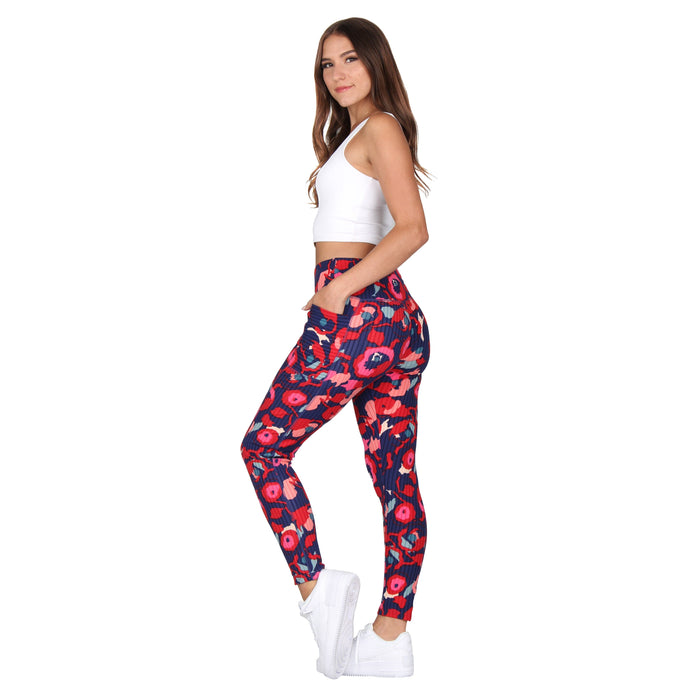 High-Rise Printed Ribbed Knit Leggings With Pockets