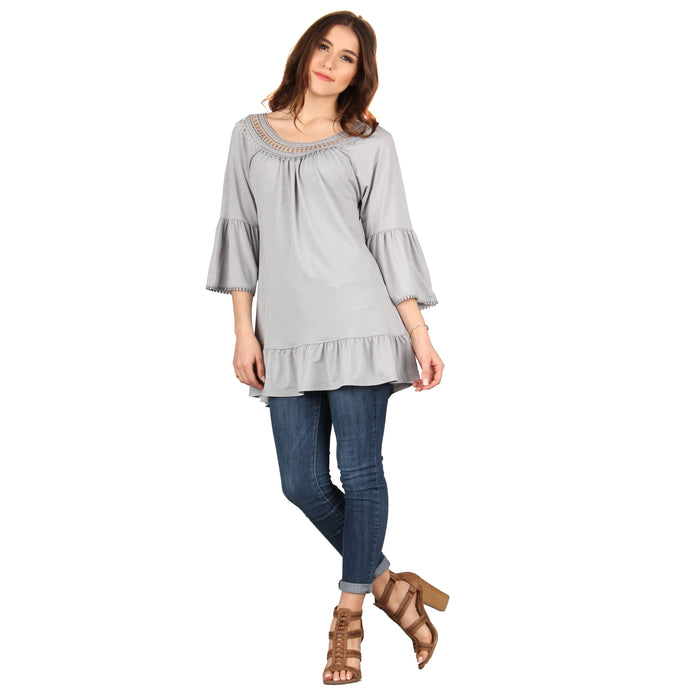 Crochet Neckline Tunic With Ruffle