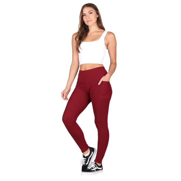 High-Rise Solid Ribbed Knit Leggings  With Pockets