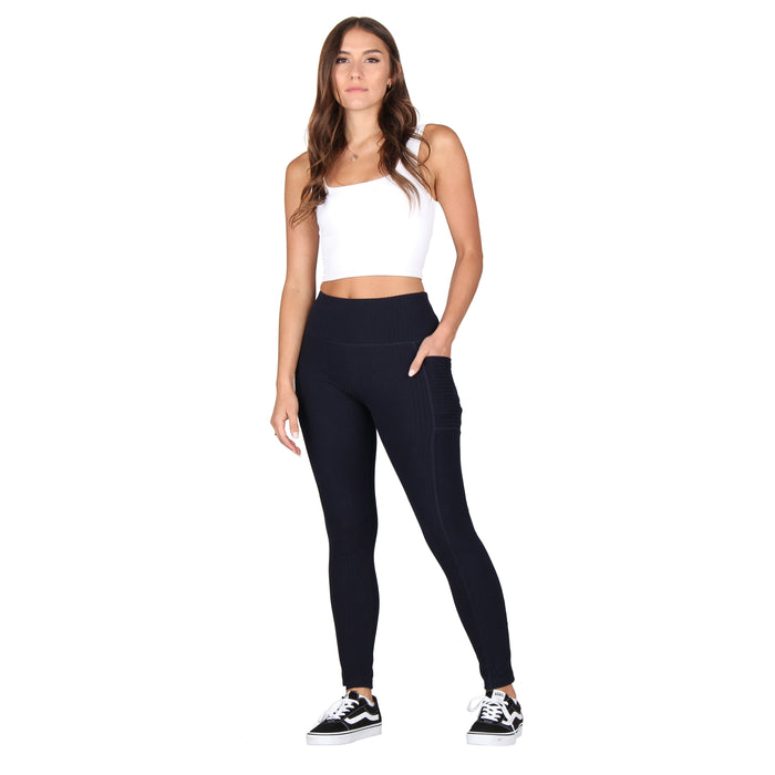 High-Rise Solid Ribbed Knit Leggings  With Pockets