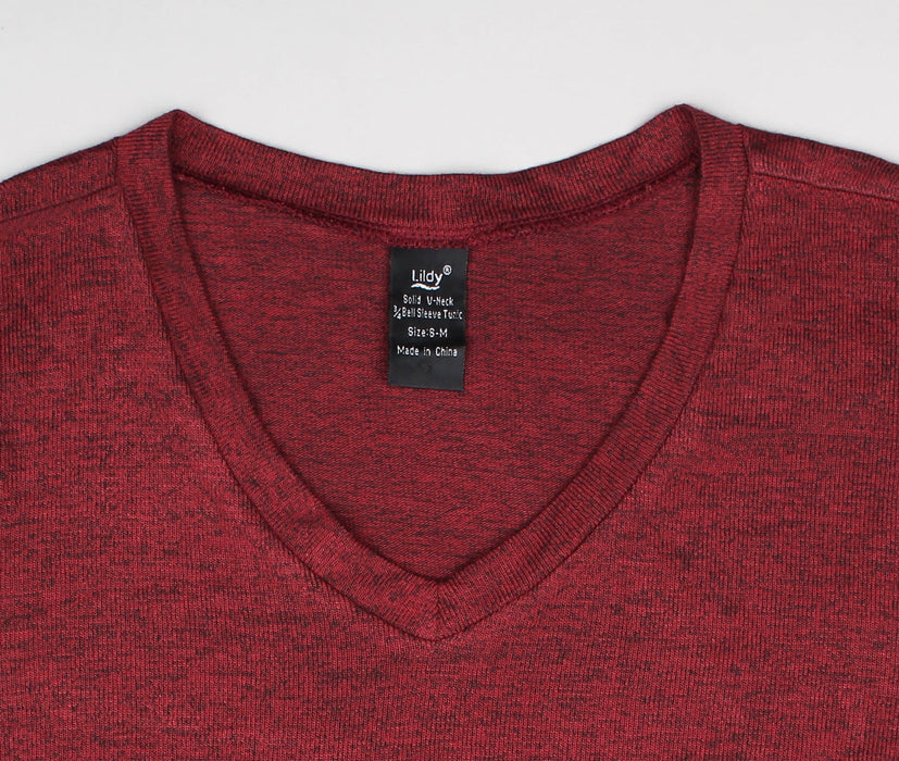 Solid V-Neck  ¾ Bell Sleeve Tunic