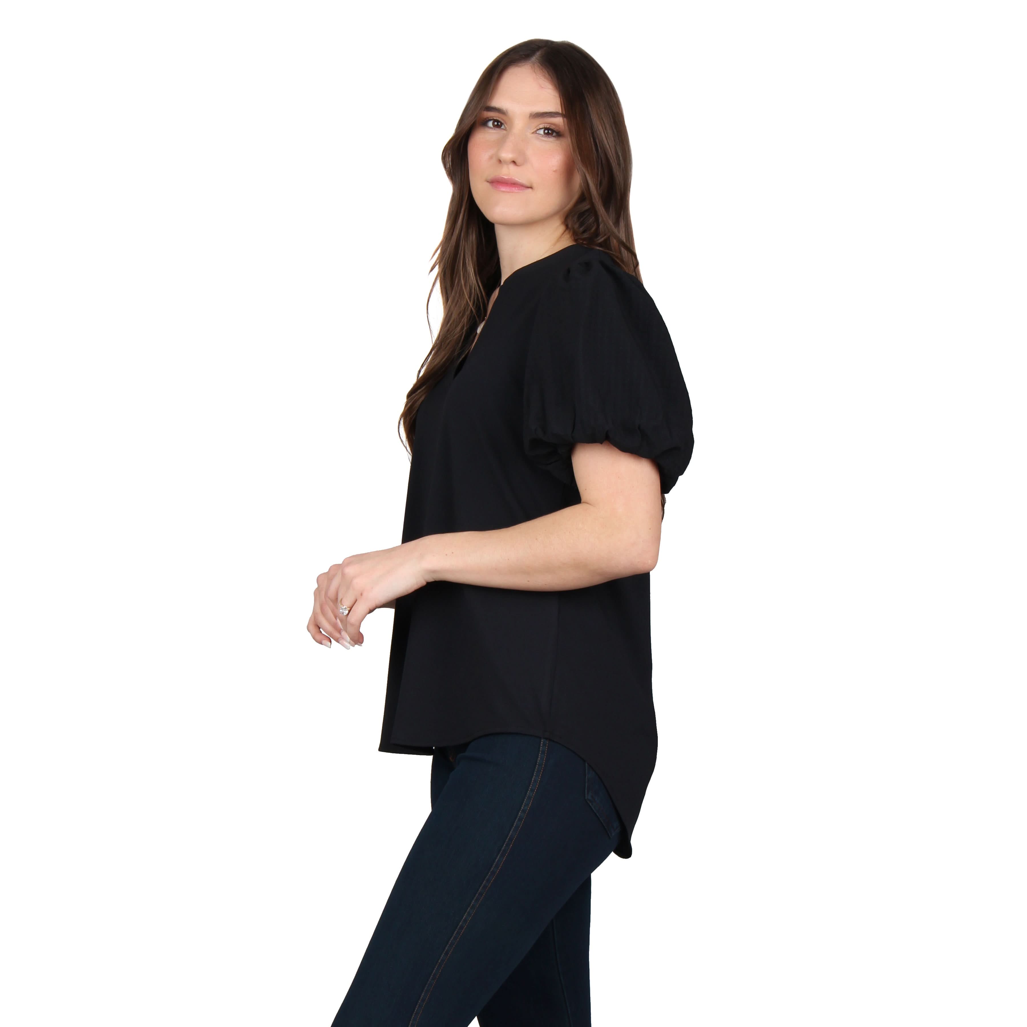 Split V-Neck Puff Sleeve Tunic — Lildy.com
