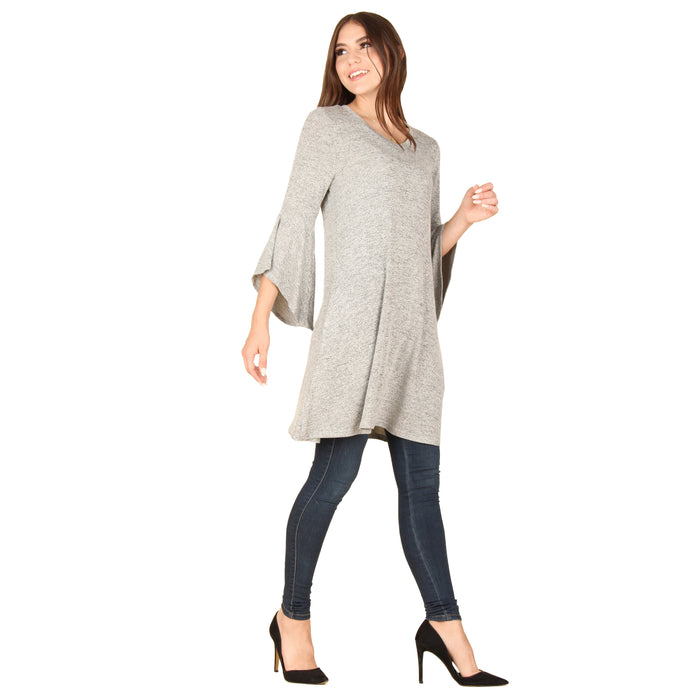 Solid V-Neck  ¾ Bell Sleeve Tunic
