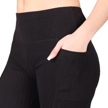 Wholesale Womens High Waist Rib Knit Leggings With Side Pockets - Black