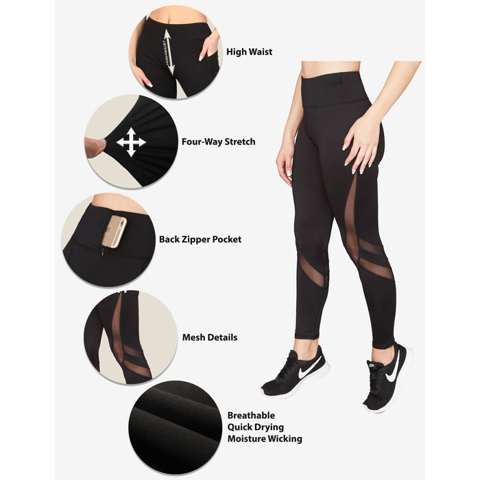 Women's fitness leggings in black with mesh